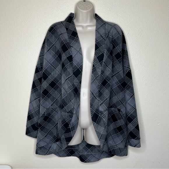 Gray Plaid Fleece Cocoon Jacket Pockets Cozy Oversized Soft Women Size XL Grey - Picture 9 of 9